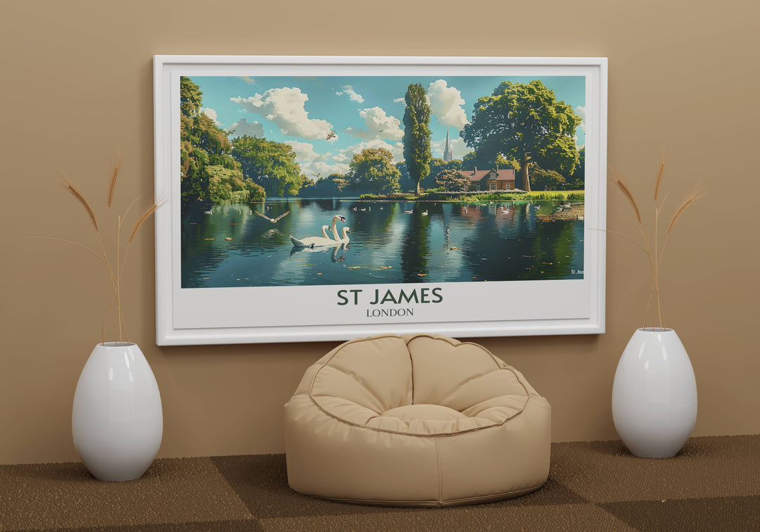 Enjoy the tranquil beauty of St Jamess Park with this elegant print, showcasing Duck Islands picturesque landscape and serene waters.