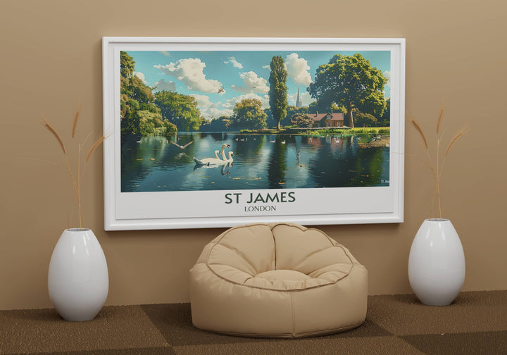 Enjoy the tranquil beauty of St Jamess Park with this elegant print, showcasing Duck Islands picturesque landscape and serene waters.