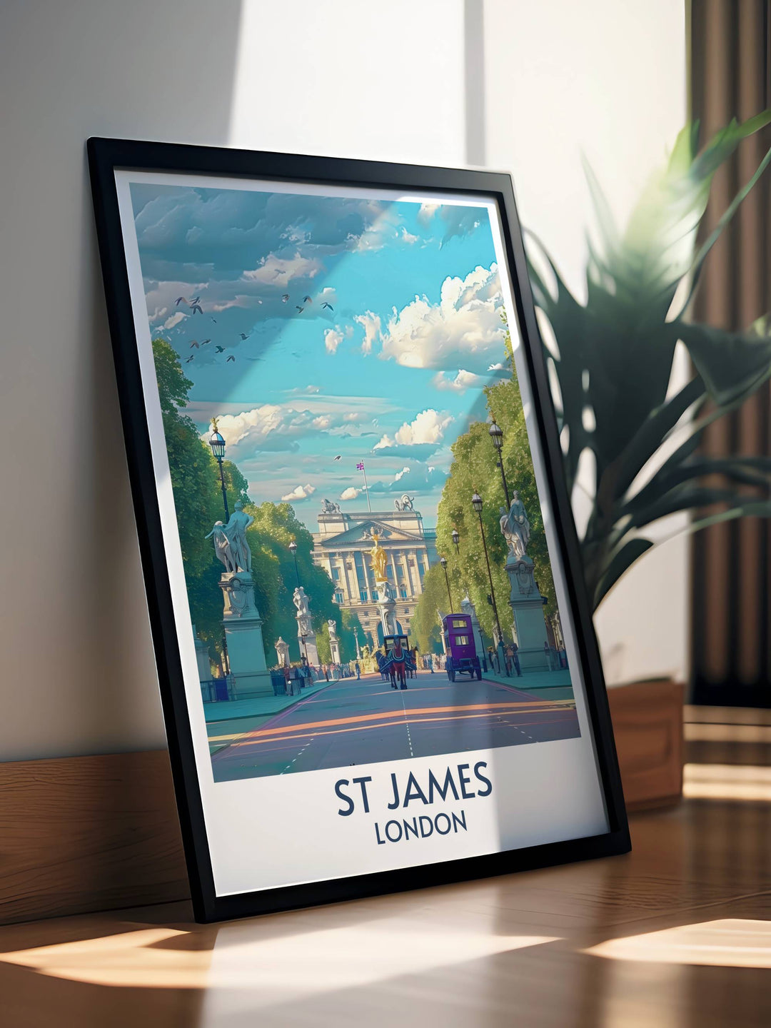 Enjoy the scenic beauty of Londons St Jamess Park and the regal presence of Buckingham Palace with this stunning print.