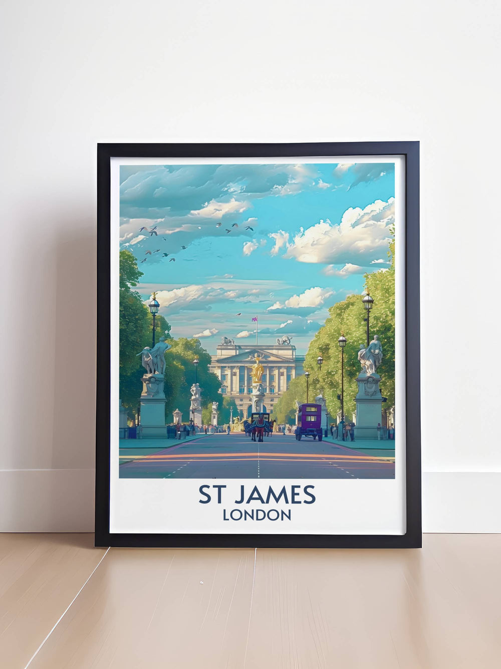 A vibrant depiction of St Jamess Park with Buckingham Palace in the background, offering a serene view of Londons historic landmarks.