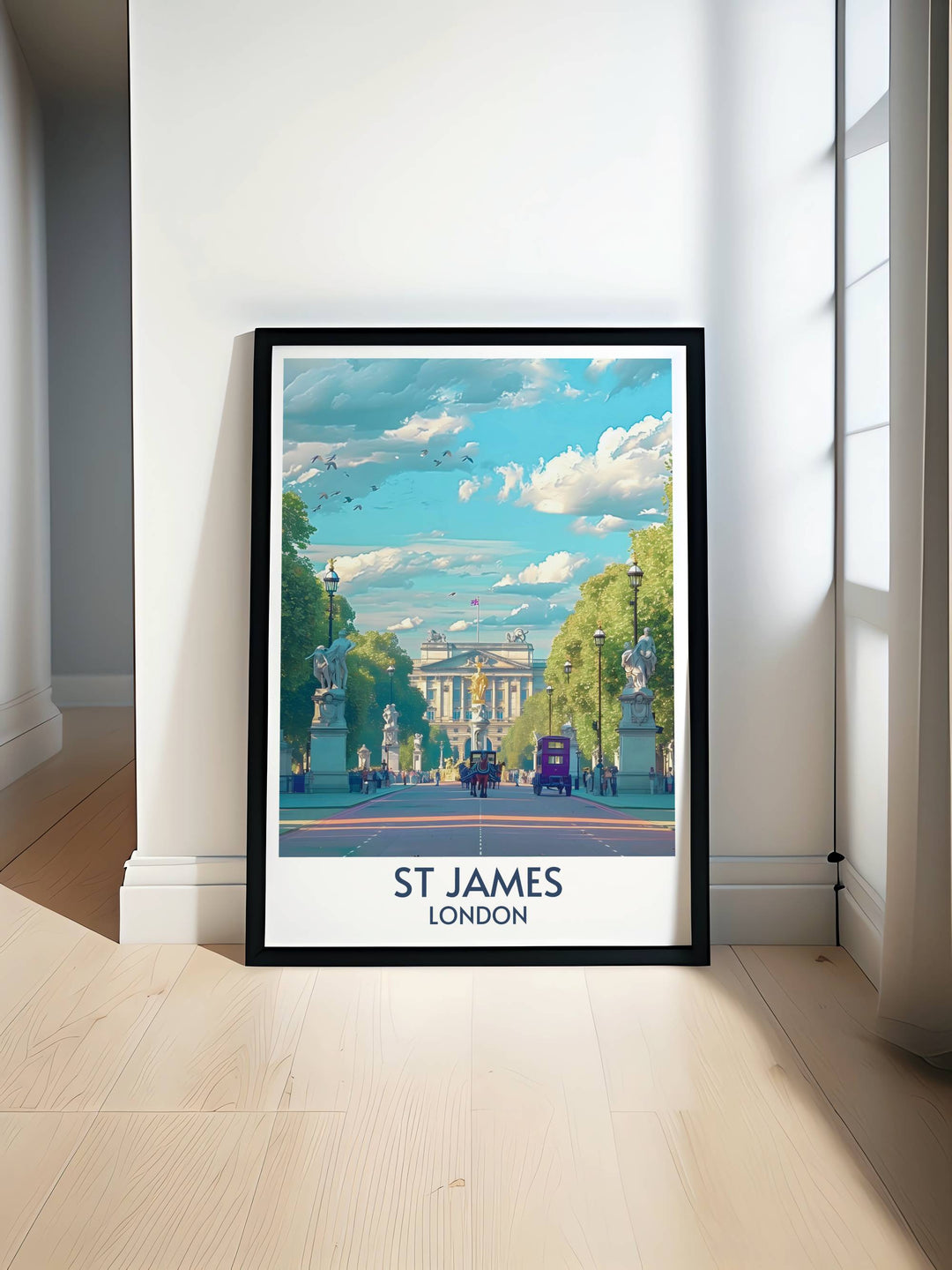 Londons iconic St Jamess Park and Buckingham Palace captured in a stunning wall decor print, perfect for modern interiors.