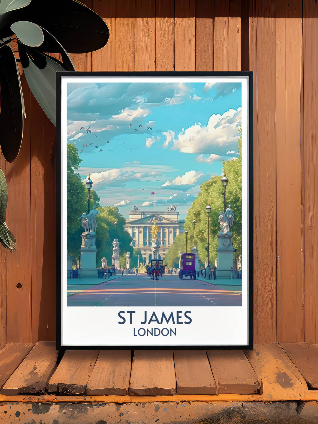The tranquil footbridges and lush gardens of St Jamess Park captured in a detailed and vibrant travel poster.
