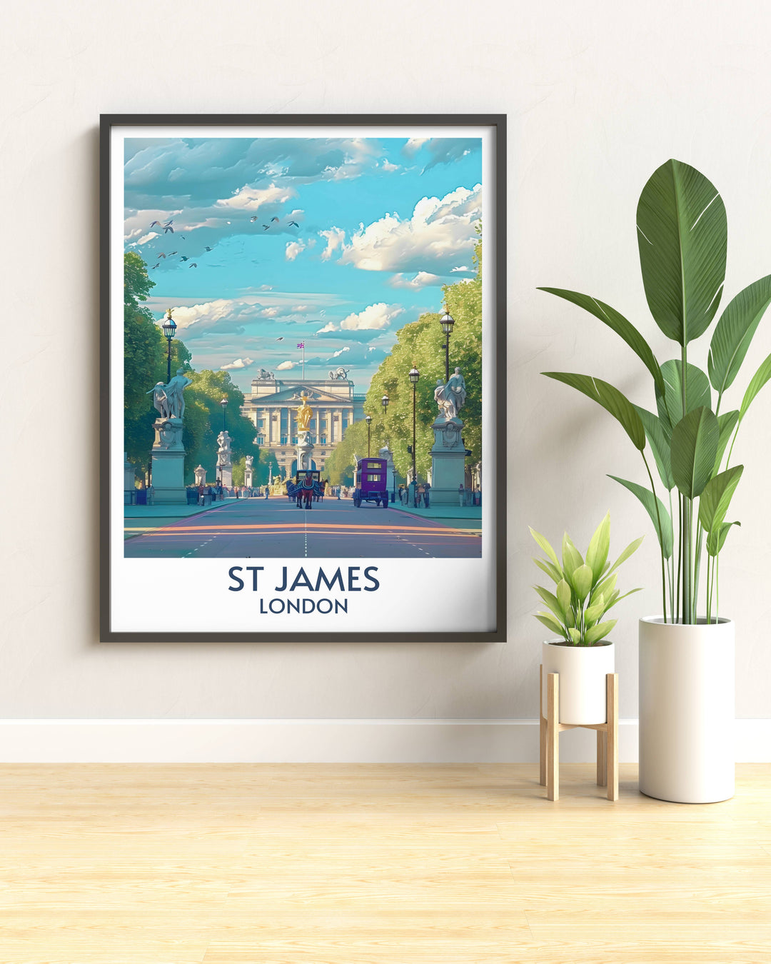 Experience the beauty of Londons St Jamess Park and The Mall with this captivating travel poster, ideal for home or office decor.