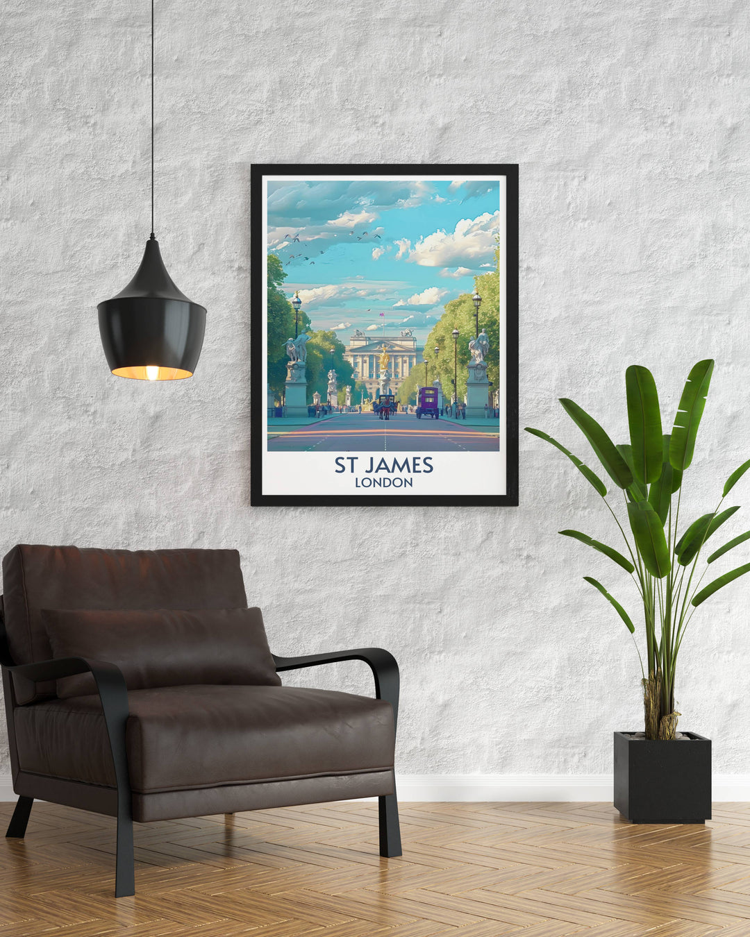 Bring the majesty of Buckingham Palace and the lush greenery of St Jamess Park into your home with this elegant wall art.