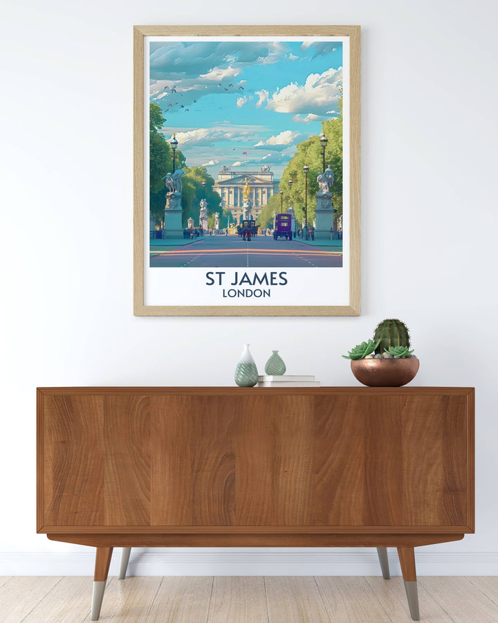 A detailed poster of St Jamess Park and Buckingham Palace, offering a glimpse into the rich history and beauty of London.