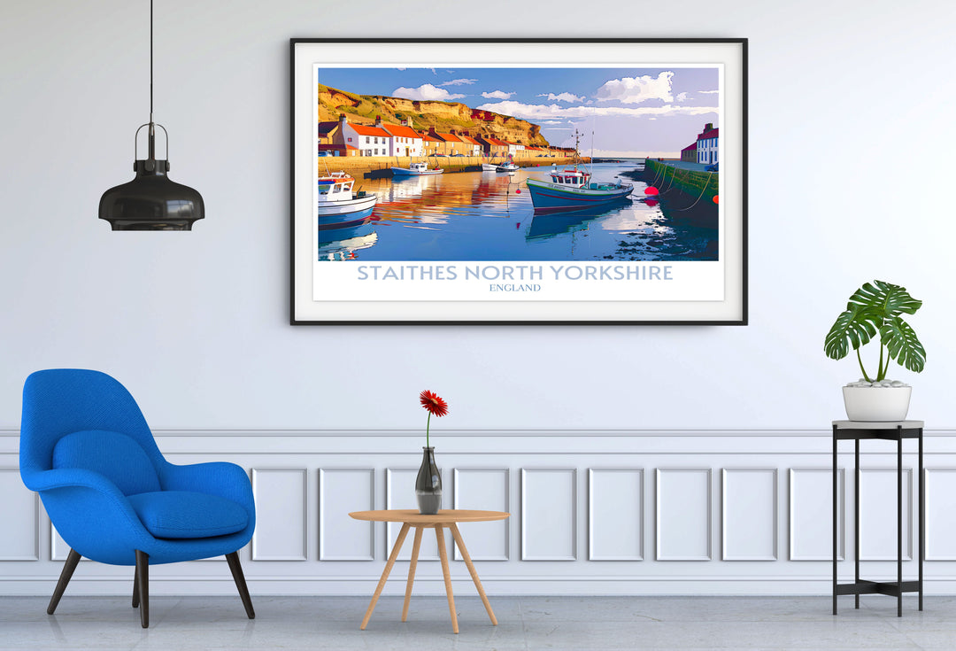 Vibrant coastal scenery of Staithes Harbour in a modern wall decor print, bringing the beauty and serenity of the English fishing village into your living space.