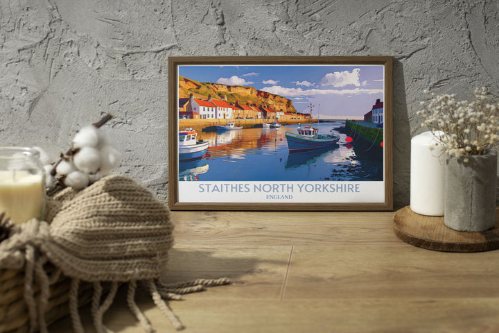 Captivating Staithes Harbour travel poster depicting the charming cobbled streets and picturesque harbor of the North Yorkshire village, ideal for lovers of coastal art.
