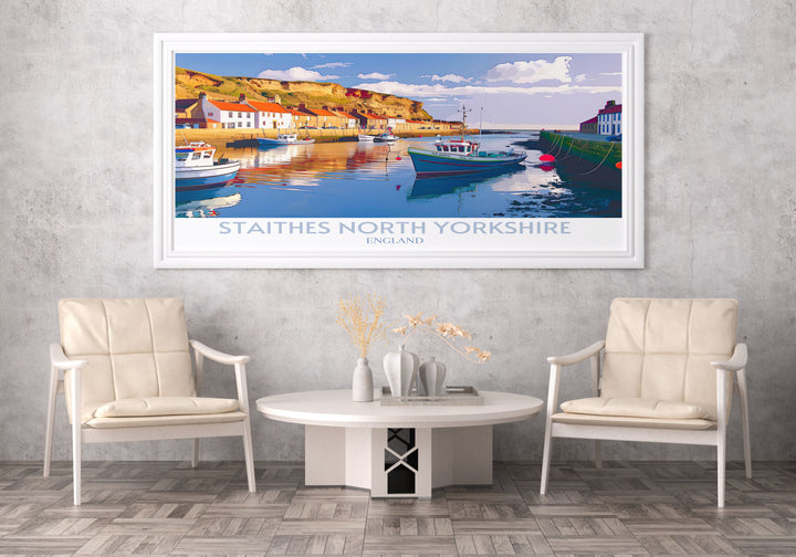 Staithes North Yorkshire home decor print featuring the iconic fishing village with its rich maritime history, framed by dramatic cliffs and colorful cottages, perfect for adding a touch of English heritage to your home.