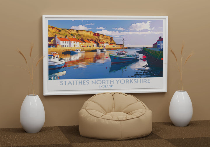 Fine art print of Staithes Harbour, North Yorkshire, illustrating the villages blend of natural beauty and historical significance, making it a must have for travel art collectors.