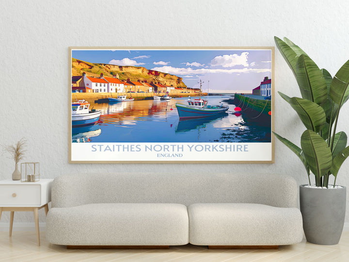 Staithes Harbour wall art capturing the essence of the North Yorkshire fishing village with vibrant colors and fine details, ideal for enhancing your home decor with a touch of coastal charm.
