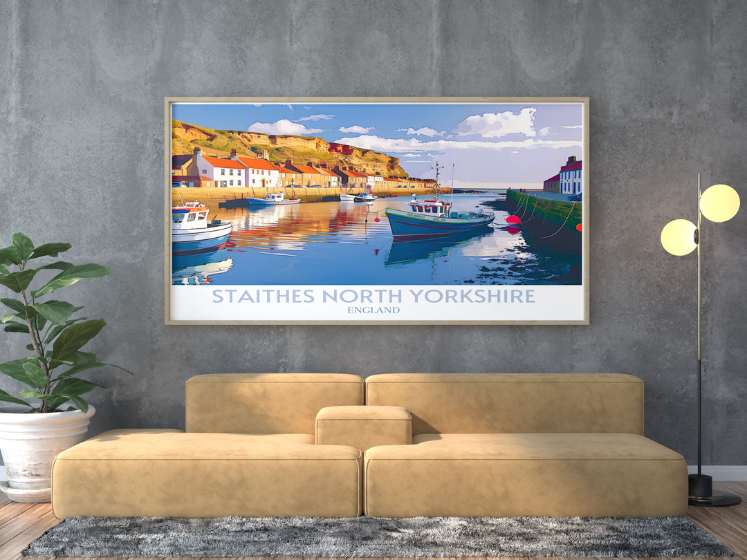 Coastal print of Staithes Harbour in North Yorkshire, showcasing the picturesque scenery and rich heritage of the fishing village, perfect for art lovers and travelers alike.