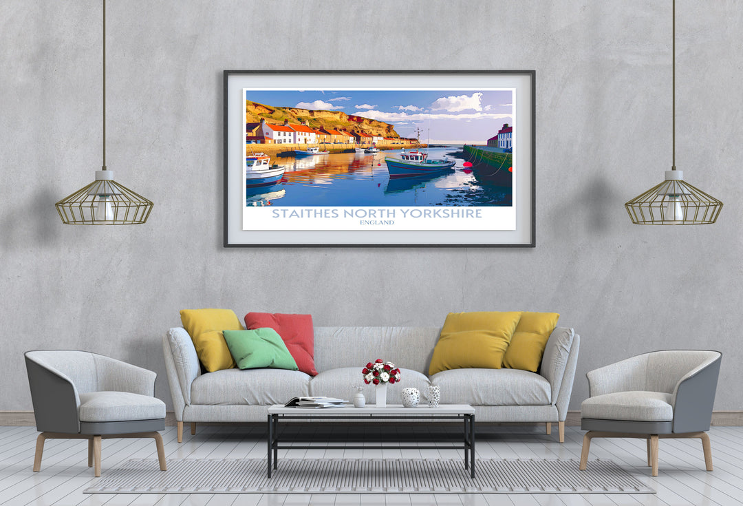 Staithes North Yorkshire travel poster featuring the villages narrow cobbled streets and bustling harbor, bringing a piece of Englands coastal beauty into your home.