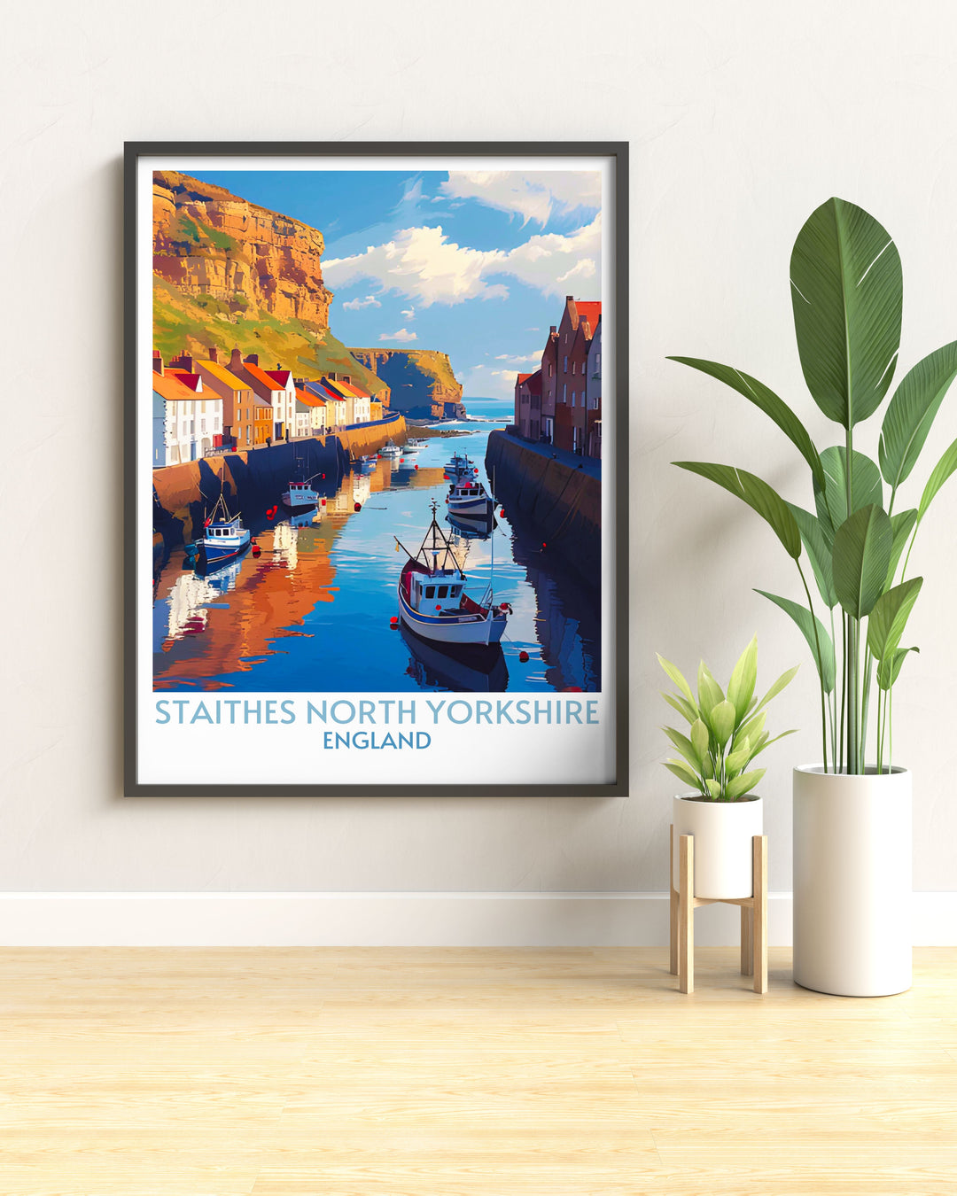 Retro travel poster of Staithes Harbour, showcasing the historic fishing village with a vintage aesthetic. A timeless piece of art for any space.