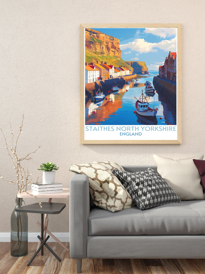 Framed art print of Staithes, North Yorkshire, capturing the picturesque harbor and charming cottages. Perfect for adding a touch of coastal beauty to your home.