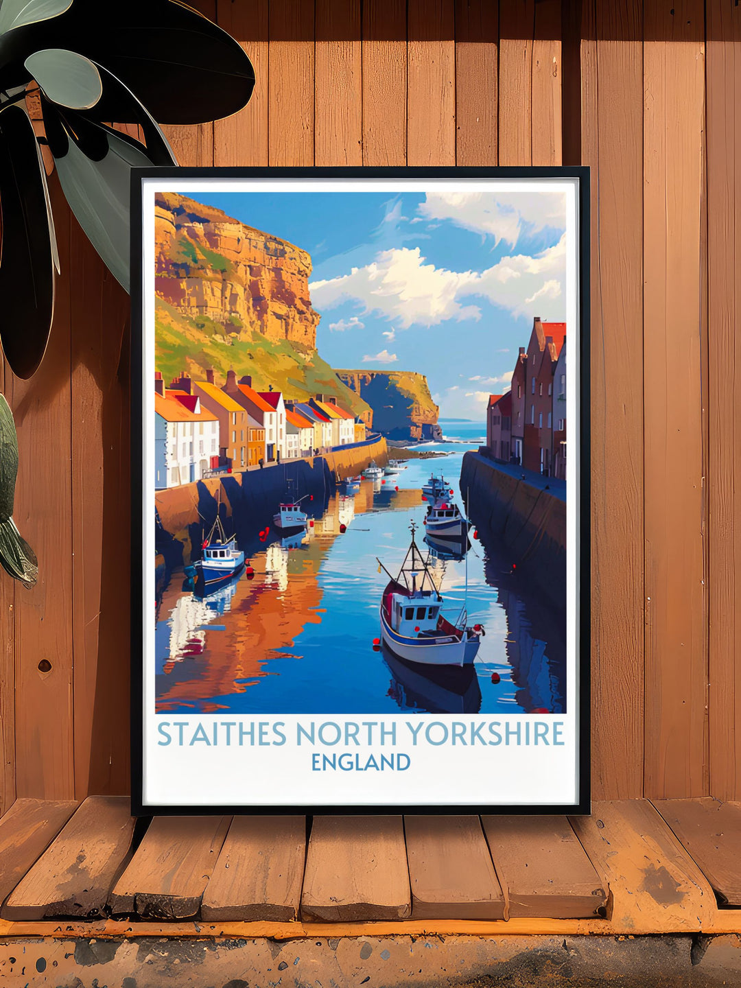 High quality art print of Staithes North Yorkshire, depicting the scenic coastal village and its tranquil harbor. Ideal for creating a serene and charming atmosphere in your home.