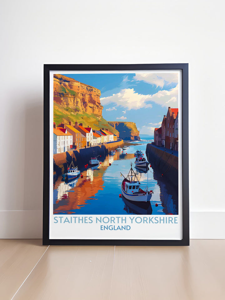 Staithes North Yorkshire framed art depicting the serene harbor surrounded by rugged cliffs and vibrant fishing boats. Ideal for lovers of seaside vistas and nautical themes.