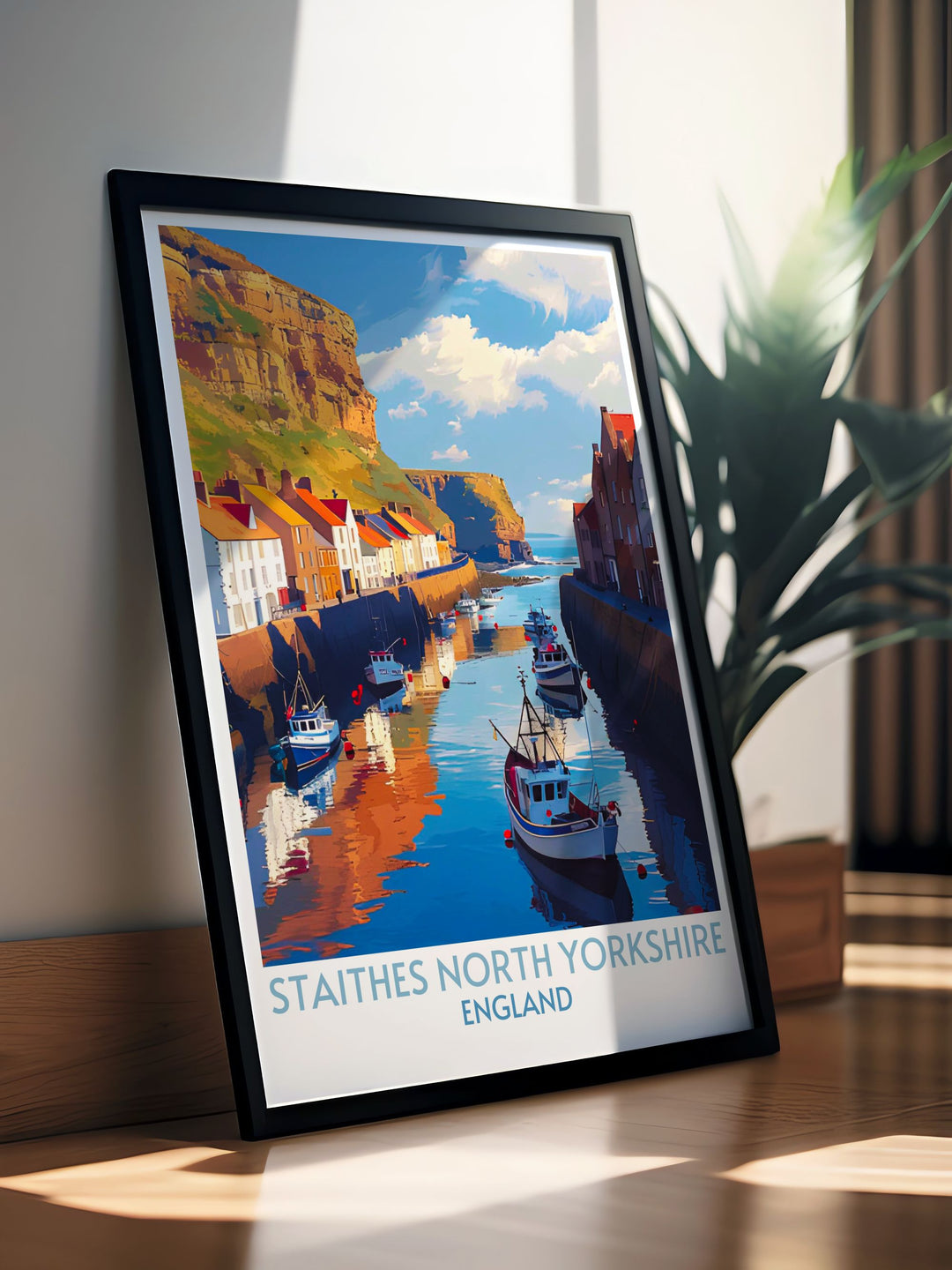 Vintage poster of Staithes Harbour, capturing the essence of this historic fishing village with a retro style that evokes nostalgia and admiration for its maritime heritage.