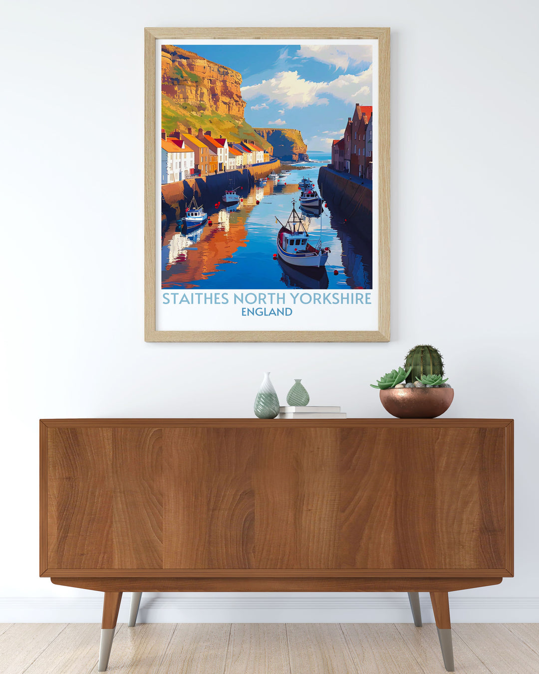 Custom print of Staithes, showcasing a panoramic view of the charming cottages and scenic harbor. Perfect for creating a unique focal point in your home decor.