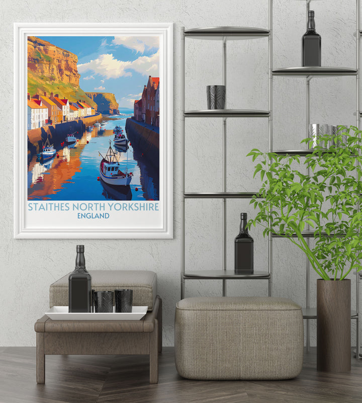 Wall art of Staithes North Yorkshire, featuring a detailed illustration of the coastal village and its iconic landmarks. Ideal for history enthusiasts and vintage art lovers.