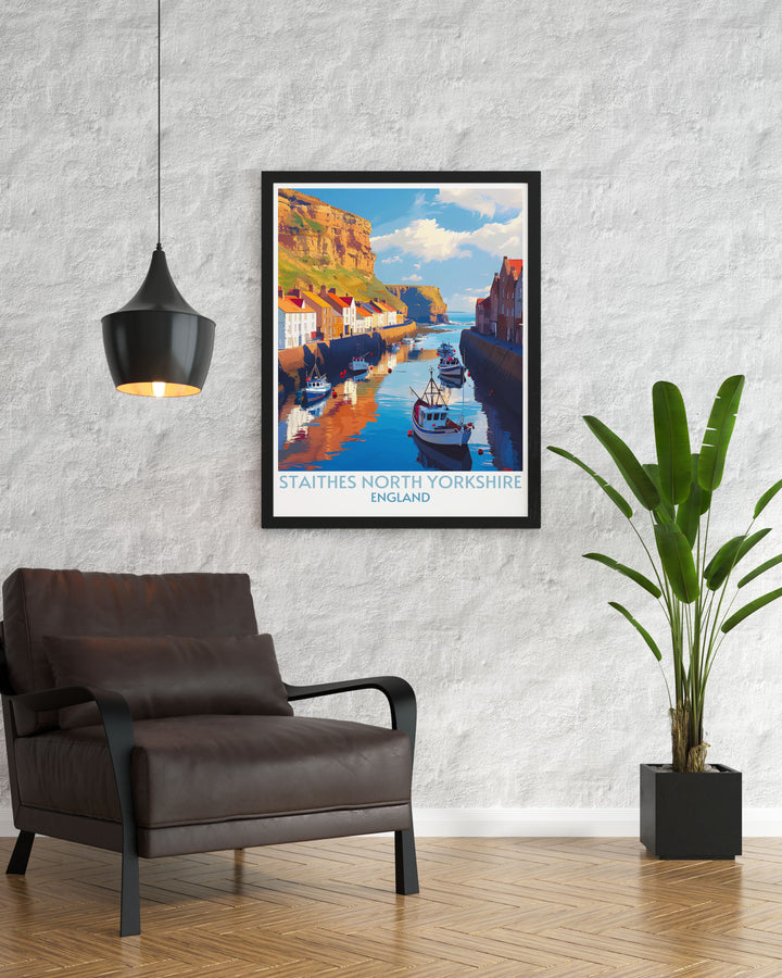 Scenic poster of Staithes Harbour, highlighting the colorful fishing boats and tranquil waters against the backdrop of rugged cliffs. A beautiful addition to any coastal themed decor.