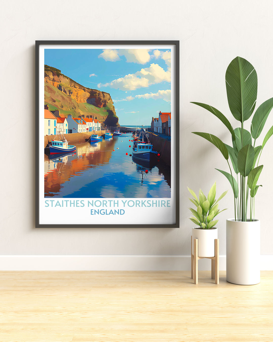 Vintage travel print of Staithes Harbour, showcasing the historic fishing village with a nostalgic aesthetic. A timeless piece of art for any space.