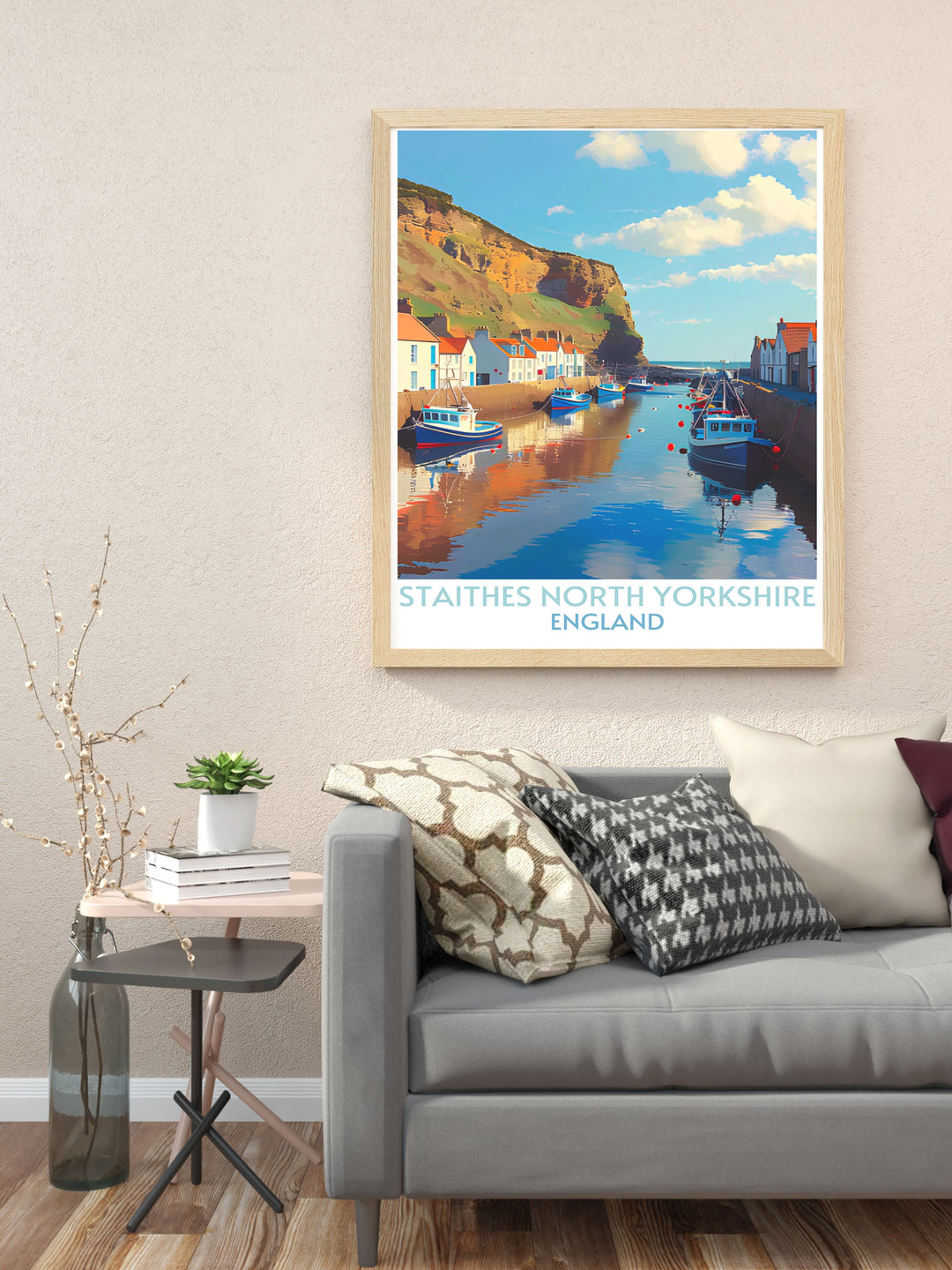 Framed art print of Staithes, North Yorkshire, capturing the picturesque harbor and charming cottages. Perfect for adding a touch of coastal beauty to your home.