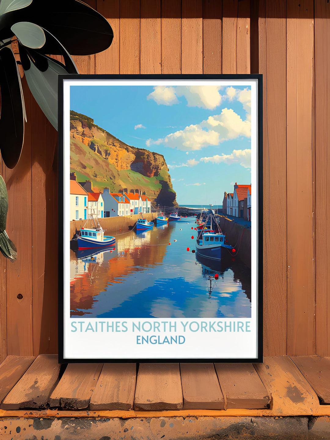High quality art print of Staithes North Yorkshire, depicting the scenic coastal village and its tranquil harbor. Ideal for creating a serene and charming atmosphere in your home.