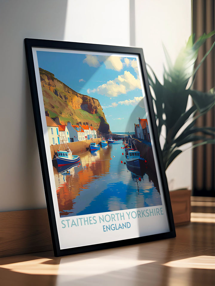 Staithes Harbour prints capturing the essence of this historic fishing village with detailed illustrations that highlight its timeless beauty and maritime heritage.