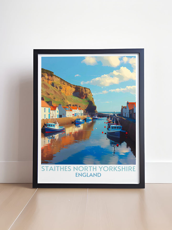 Staithes North Yorkshire wall art depicting the serene harbor surrounded by rugged cliffs and vibrant fishing boats. Ideal for lovers of seaside vistas and nautical themes.