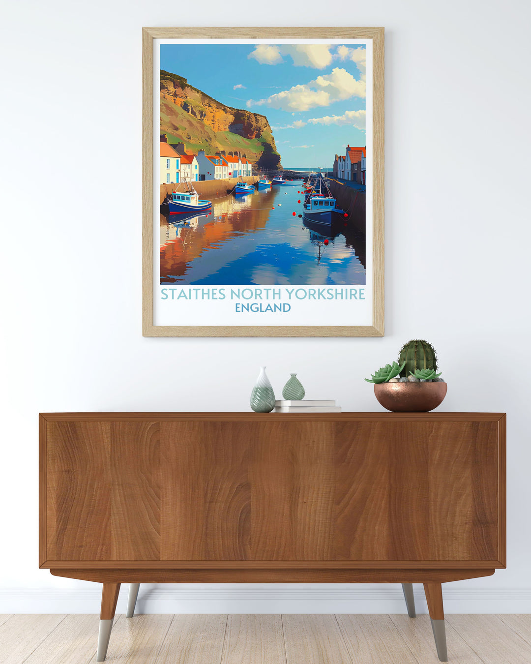 Custom print of Staithes, showcasing a panoramic view of the charming cottages and scenic harbor. Perfect for creating a unique focal point in your home decor.