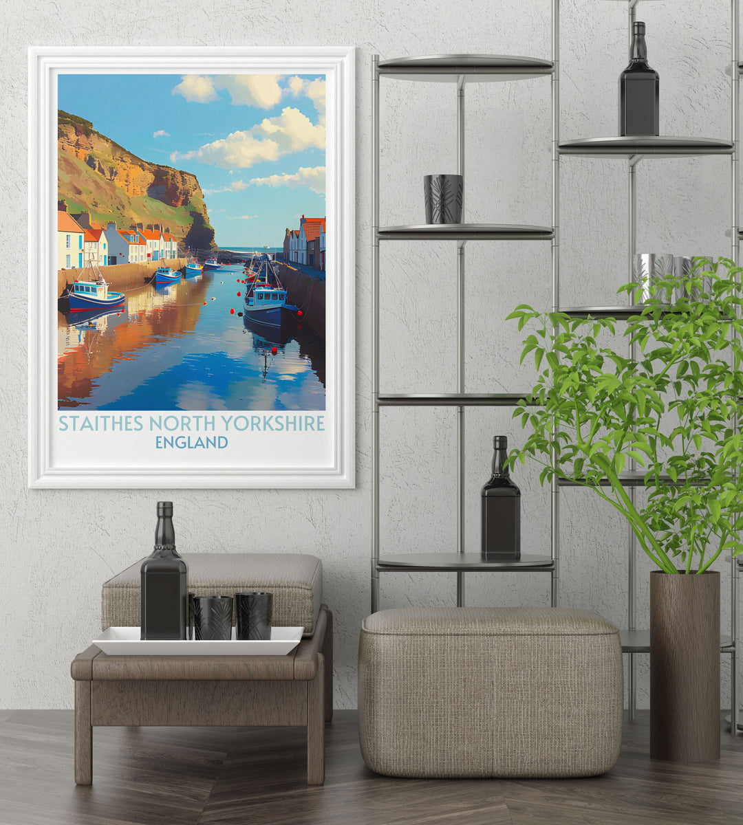 Wall art of Staithes North Yorkshire, featuring a detailed illustration of the coastal village and its iconic landmarks. Ideal for history enthusiasts and vintage art lovers.