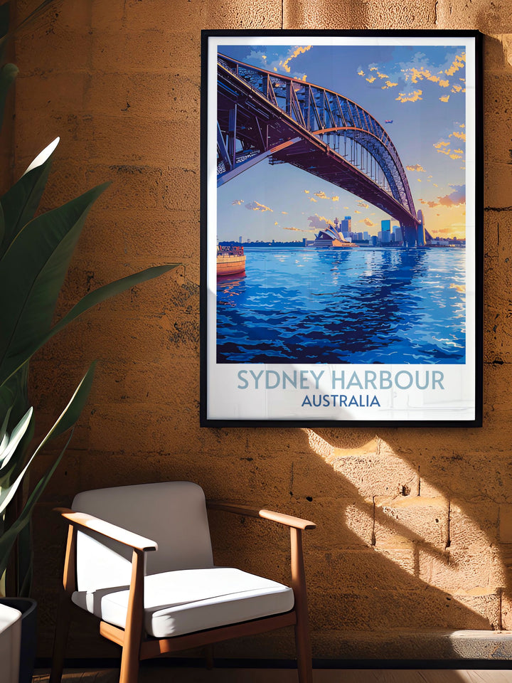 Classic view of Sydney Harbour Bridge from the water, a must have for any travel art enthusiast.