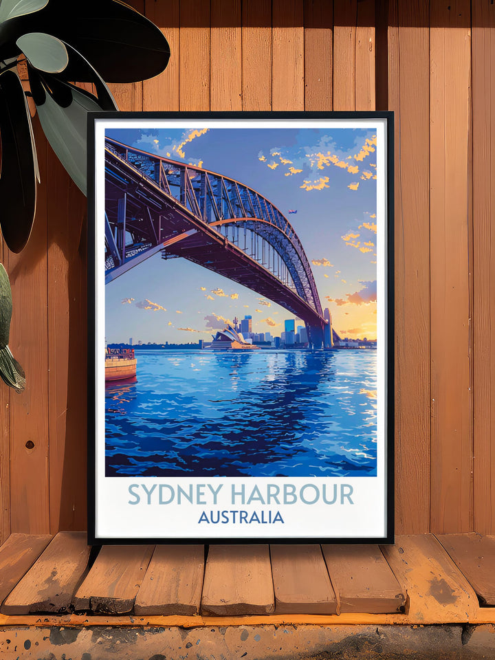 Sydney travel print highlighting the famous Harbour Bridge and Opera House, ideal for gifting.