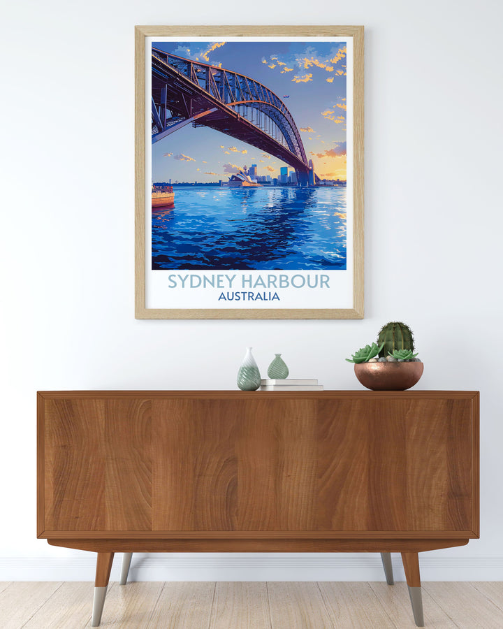 Retro travel poster of Sydney Harbour, featuring vintage colors and iconic cityscape, ideal for collectors.