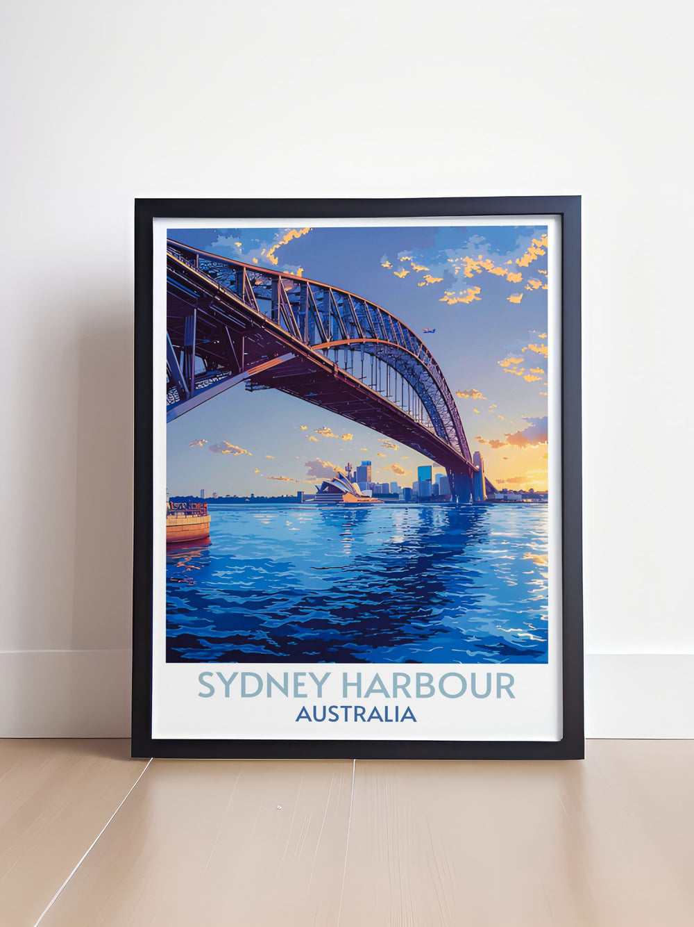 Artistic rendition of Sydney Opera House at sunset, blending traditional Australian scenes with contemporary art.