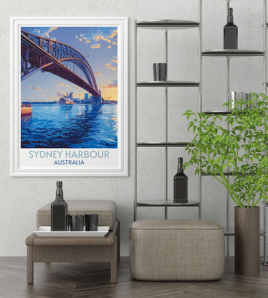 Illustration of Sydney Harbour Bridge during a bright day, perfect wall art for any modern living space.
