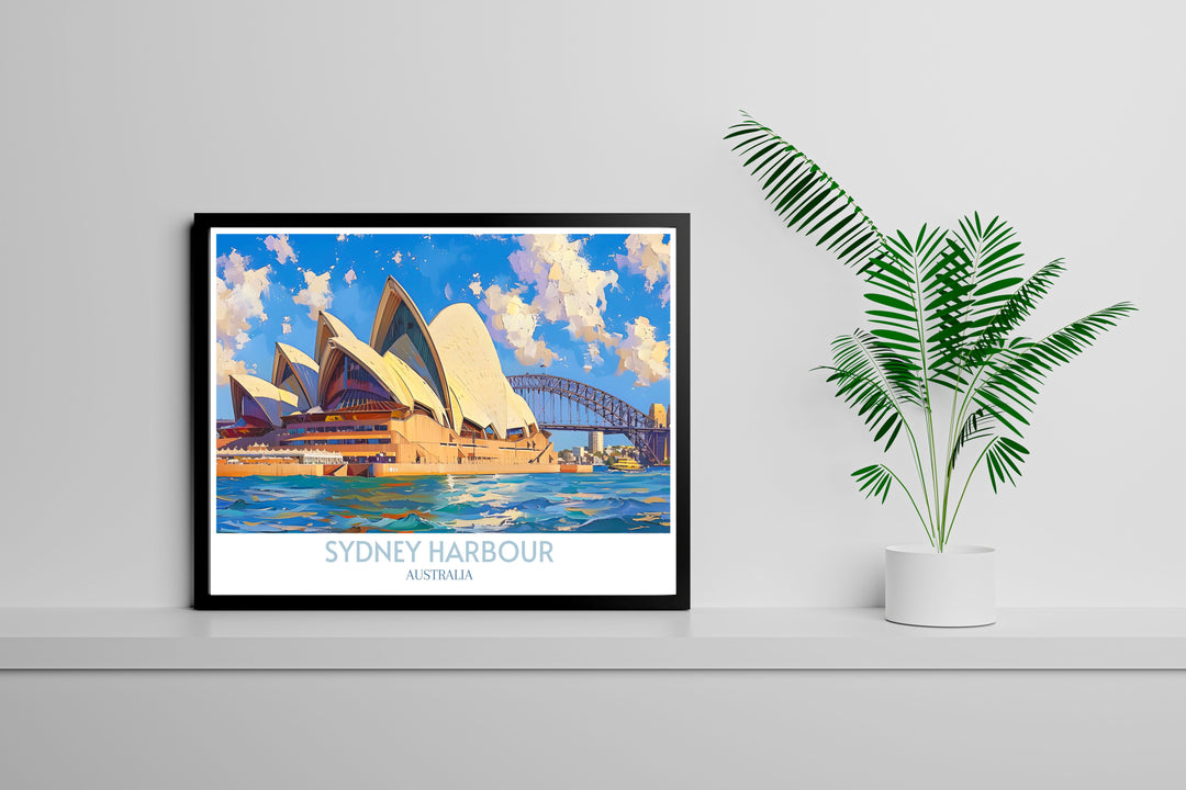 Framed Sydney Harbour print illustrating the dynamic contrast between bustling city life and serene waters, ideal for any travel enthusiast.