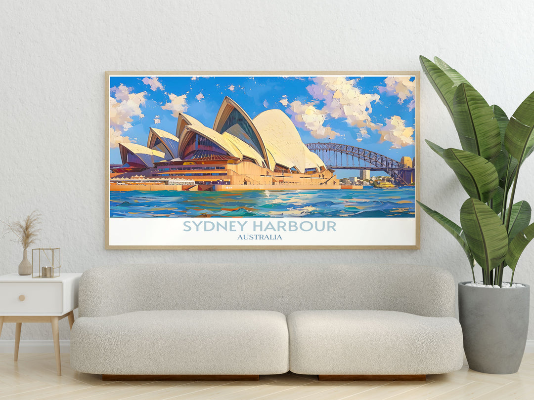 Vintage poster of Sydney Opera House, showing a timeless landmark in exquisite detail, suitable for collectors of classic travel art.