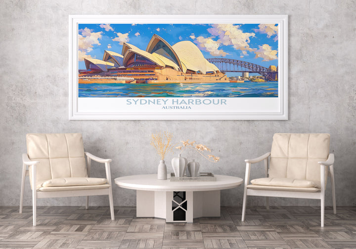 Retro travel poster of Sydney, highlighting the modern cityscape against the backdrop of famous coastal landmarks.