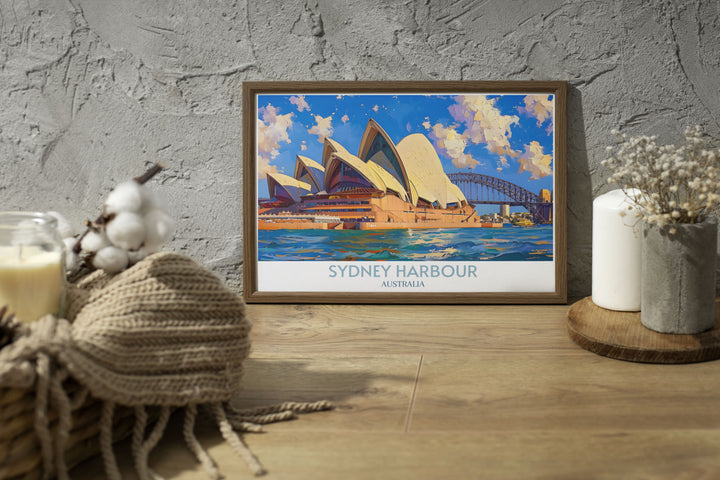 Sydney illustration in a framed print, focusing on the intricate details of the Opera House set against the harbor.