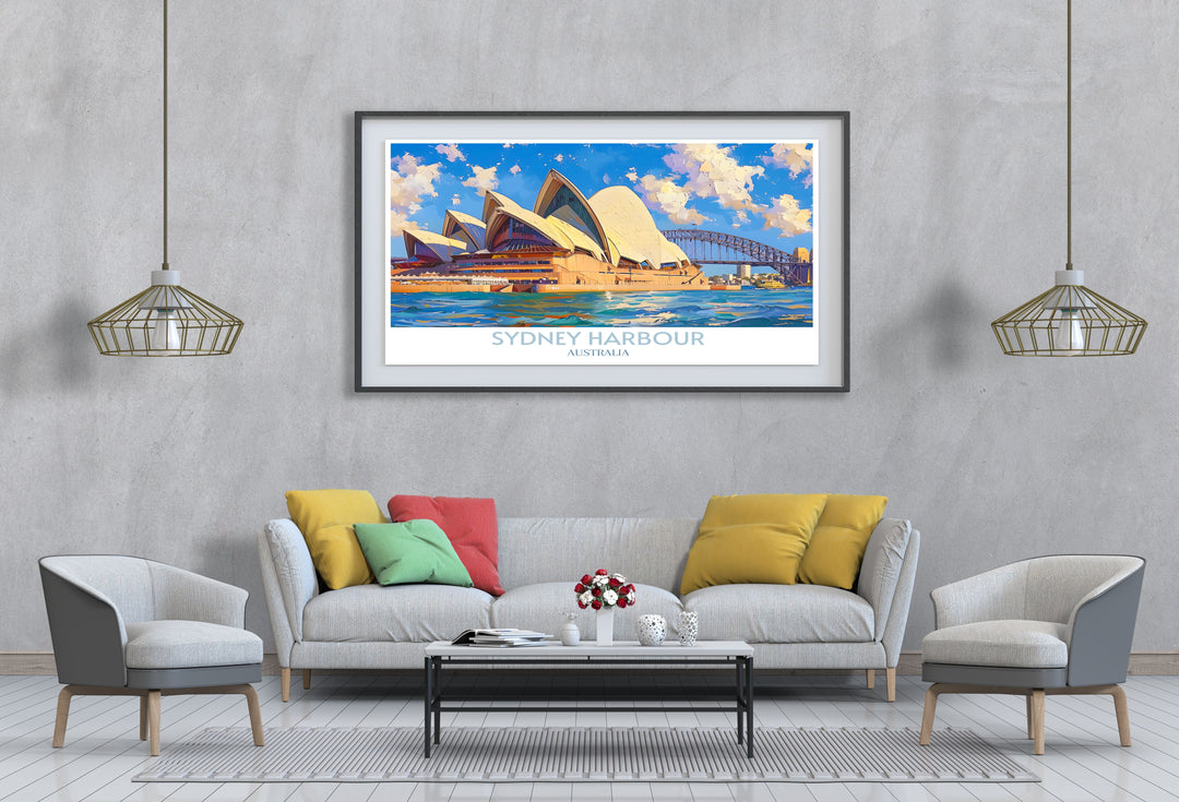 Bucket list prints of Australia, showcasing must visit destinations like Sydney Harbour and the Opera House in vivid colors.