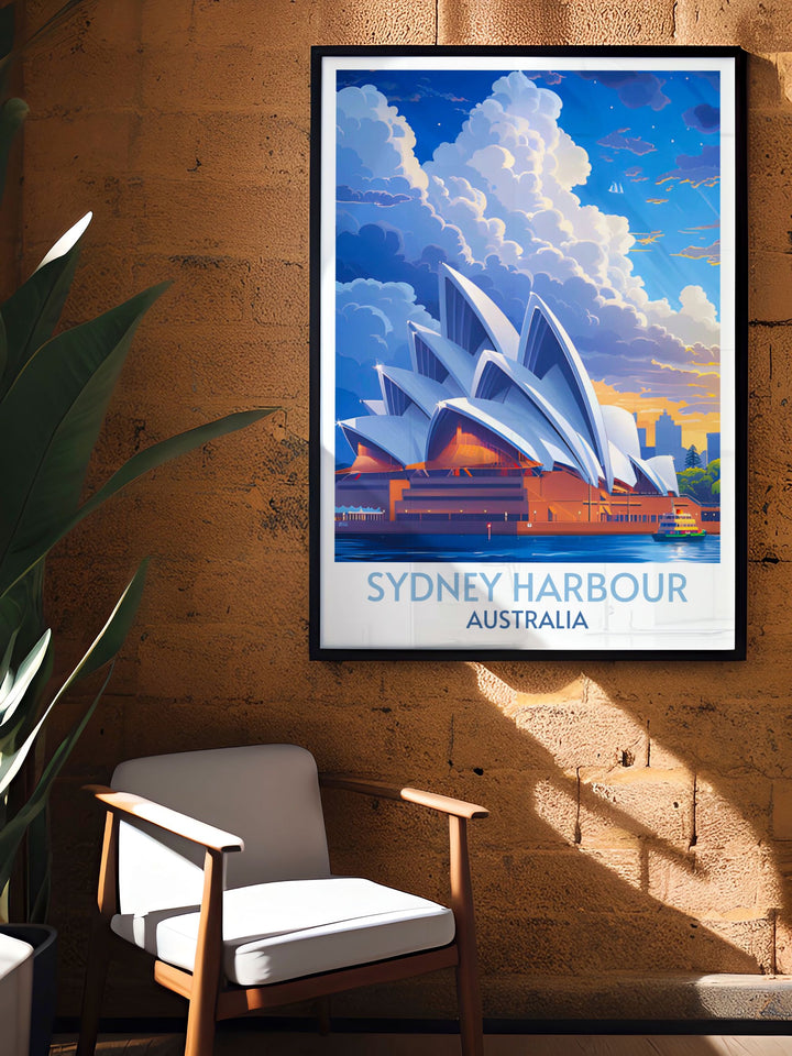 Sydney wall art showcasing the blend of historical and modern elements of the city, with a focus on the Opera House and Harbour Bridge, creating a striking visual representation of Australias cultural and architectural heritage.