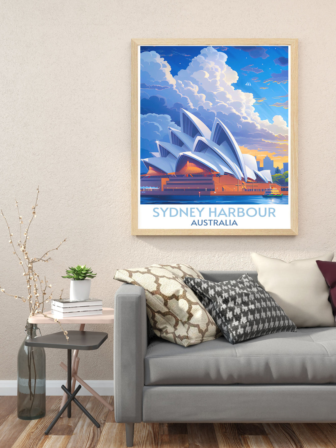 Coastal art print of Bondi Beach, depicting the lively atmosphere and scenic beauty of the famous shoreline, making it a vibrant and eye catching addition to any room decor focused on Australian landscapes.