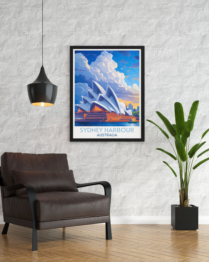 Vintage style travel poster of the Sydney Opera House, combining retro charm with modern appeal, highlighting one of Australias most recognizable landmarks and adding a nostalgic touch to your art collection.