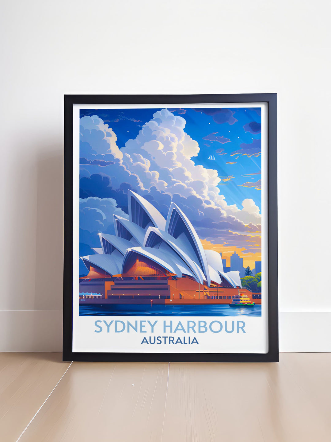 Beautiful Sydney Harbour modern wall decor showcasing the dynamic blend of historical landmarks and modern architecture, with the glistening water and bustling waterfront, making it an ideal addition for lovers of cityscape prints and coastal art.