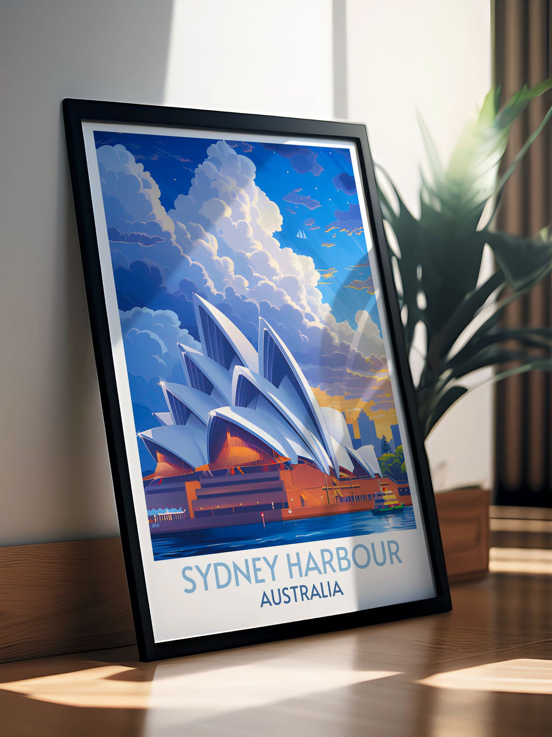 Artistic representation of the Sydney Opera House in a detailed and vibrant poster, showcasing the architectural wonder in all its glory, ideal for enhancing your space with cultural artwork and cityscape elegance.