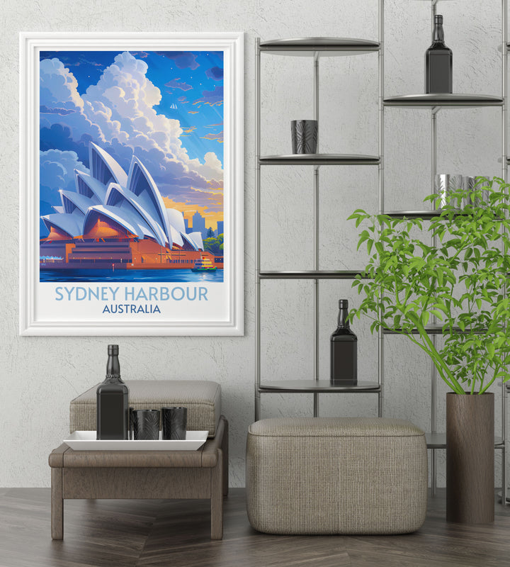 Retro travel poster featuring the Sydney Opera House and its surrounding harbor, capturing the timeless beauty and cultural essence of Sydney, perfect for those who love vintage travel prints and historical landmarks.