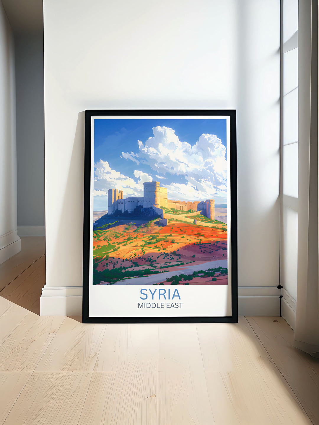 Detailed art print of Krak des Chevaliers showcasing the medieval castles imposing structure and picturesque landscape, capturing the historical significance and architectural beauty of one of Syrias most renowned landmarks, perfect for adding a touch of Middle Eastern heritage to any space.