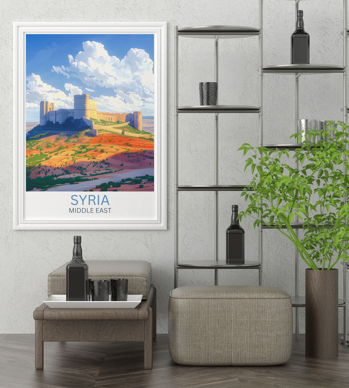 Vibrant Damascus print capturing the essence of Syrias capital city, with detailed depictions of its bustling streets and historical sites, offering a glimpse into the citys vibrant culture and heritage, perfect for those who appreciate cultural artwork and travel posters.