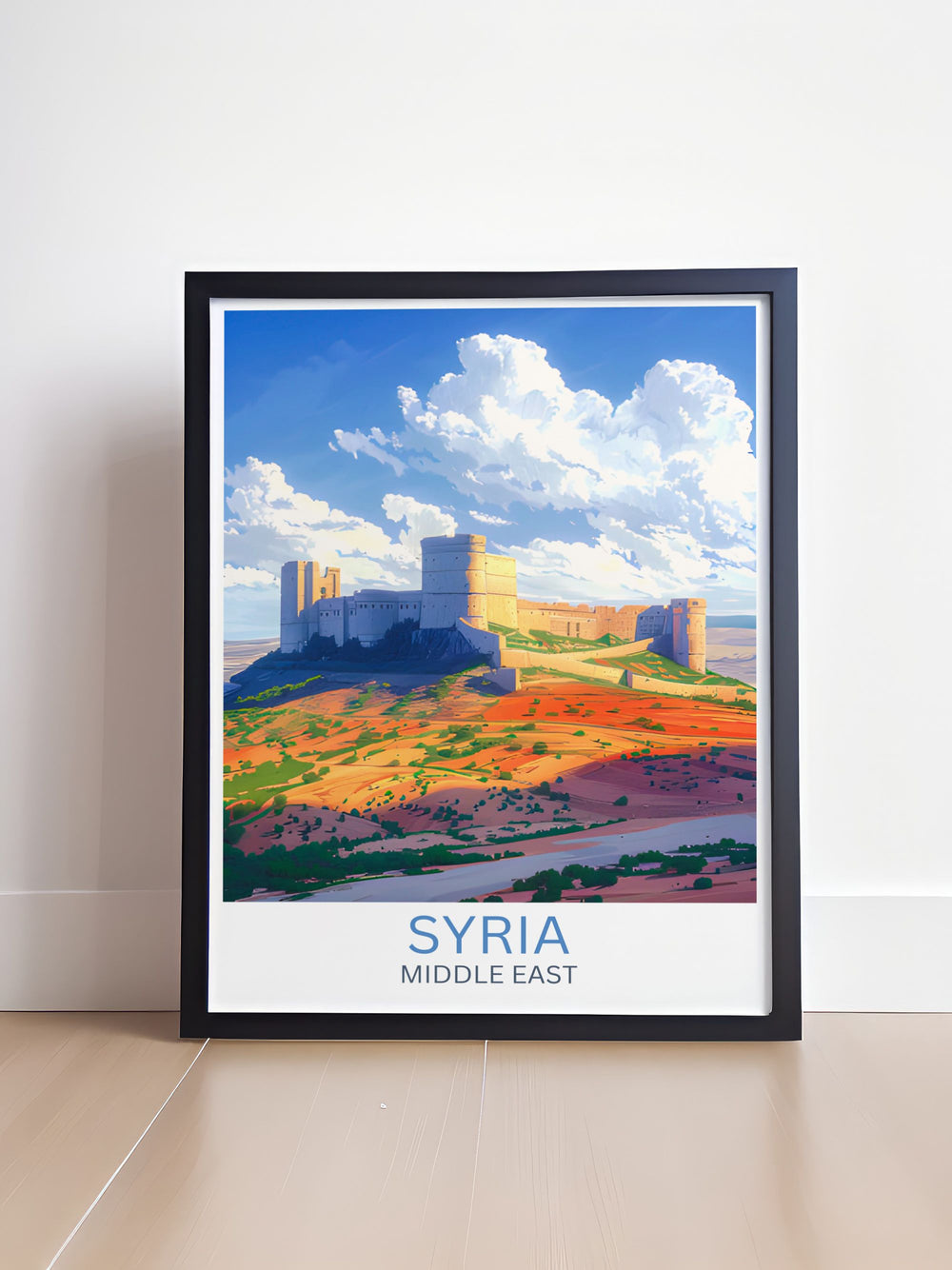 Intricate canvas art of Krak des Chevaliers illustrating the majestic fortress and its surroundings, celebrating the rich history and architectural marvels of Syria, ideal for history enthusiasts and art lovers looking to enhance their living space with unique Middle Eastern decor.